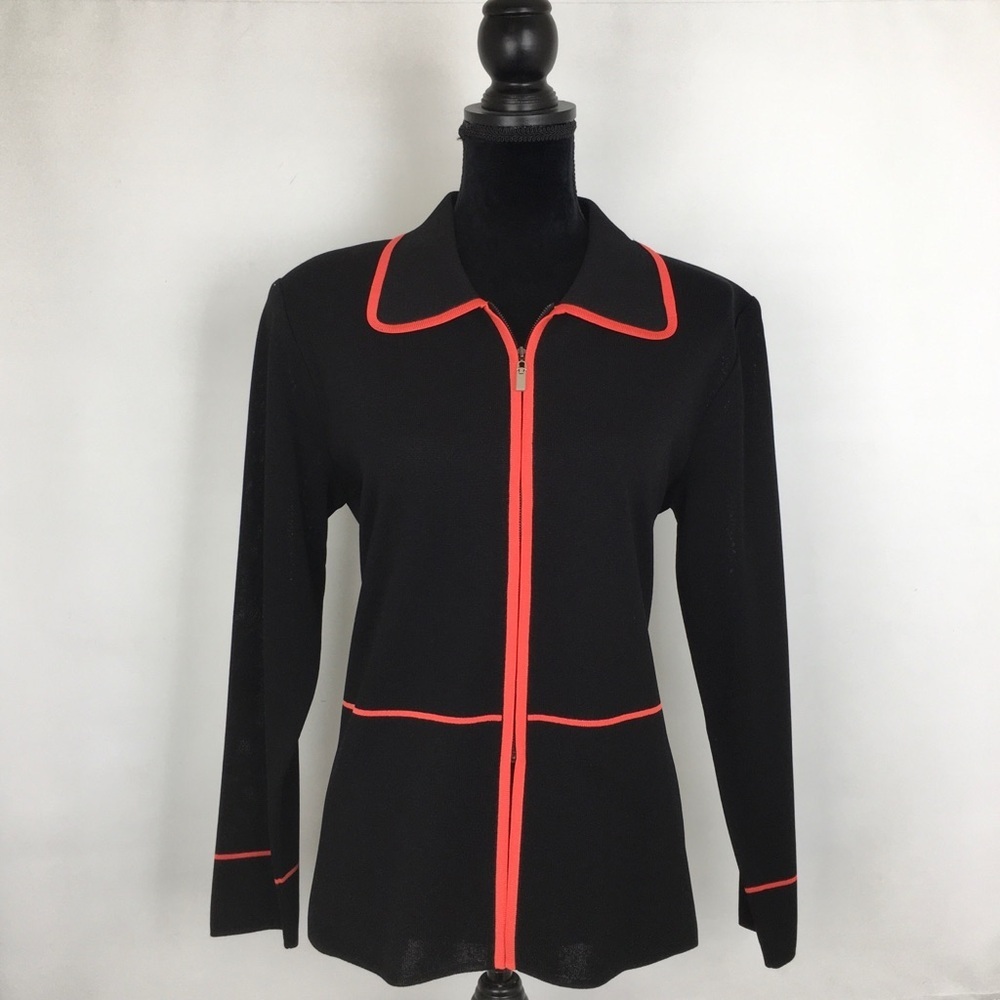 Exclusively Misook Full Zip Cardigan Sweater Black Orange Trim Slinky Fabric M